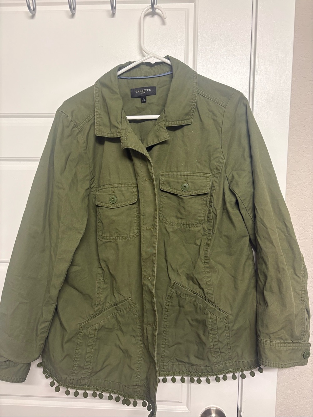 Talbots Olive Utility Jacket with Pom Hem Trim